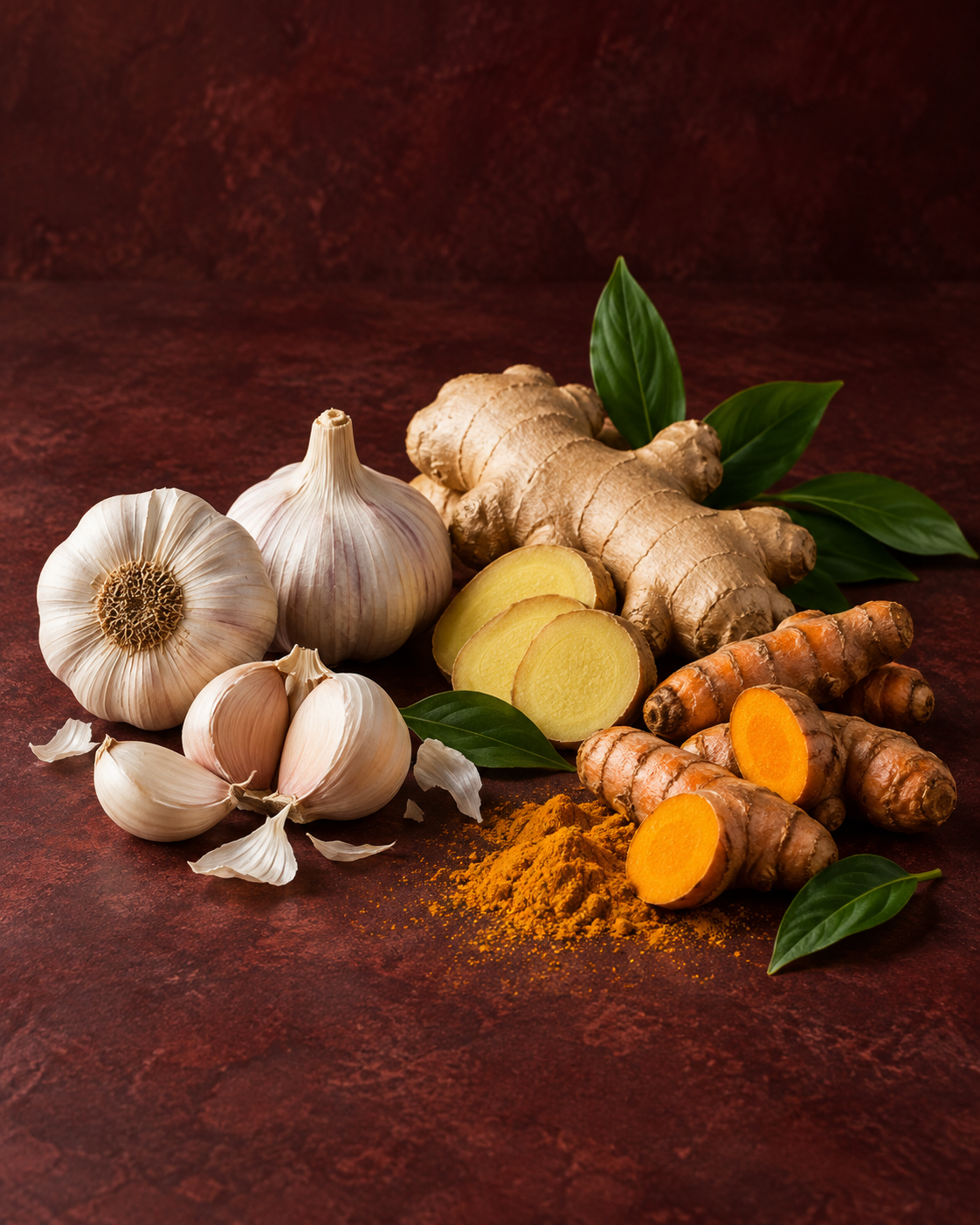 Fresh garlic, ginger and turmeric on a deep burgundy background