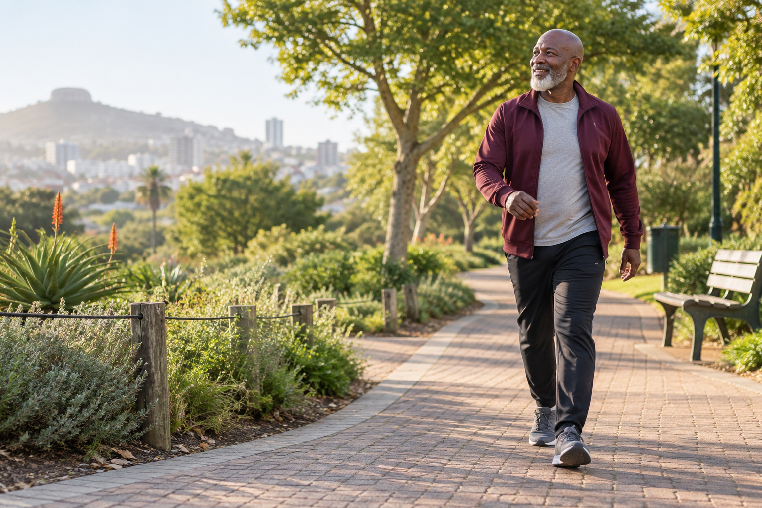 Active mature South African man enjoying a brisk morning walk in a public park